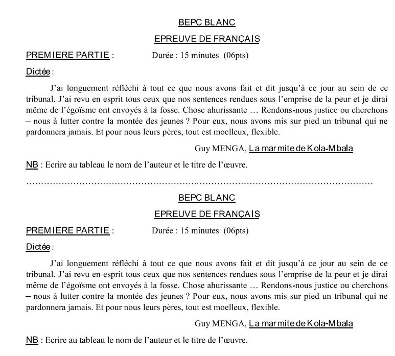 COMPILATION D'ÉPREUVES DE FRANÇAIS BEPC BLANC