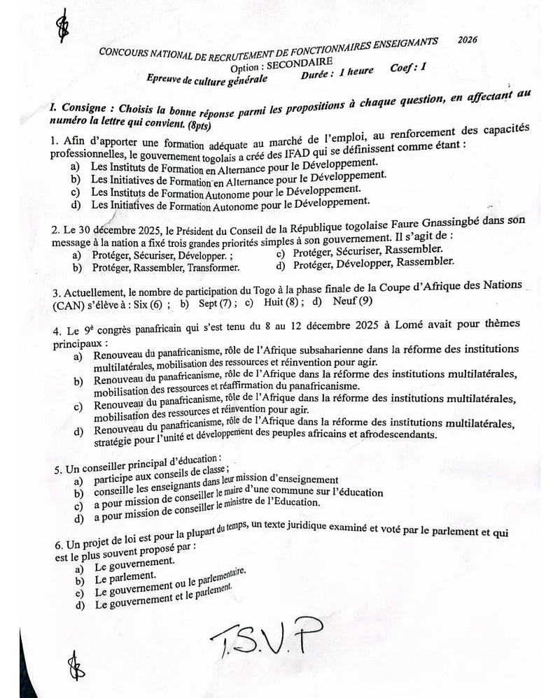 CNRFE 2026 OPTION MATHÉMATIQUES SECONDAIRE 1