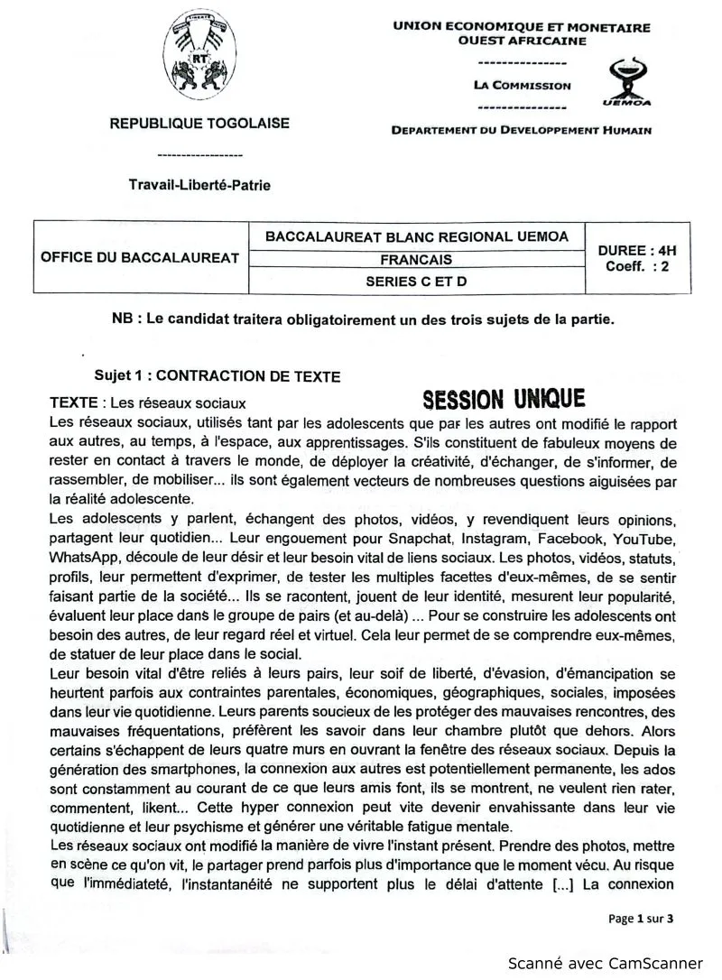 ÉPREUVES BAC BLANC UEMOA 2026 FR