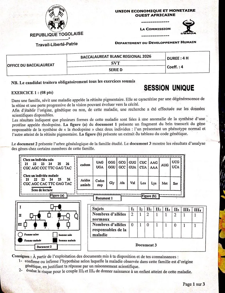 ÉPREUVES BAC BLANC UEMOA 2026 SVT