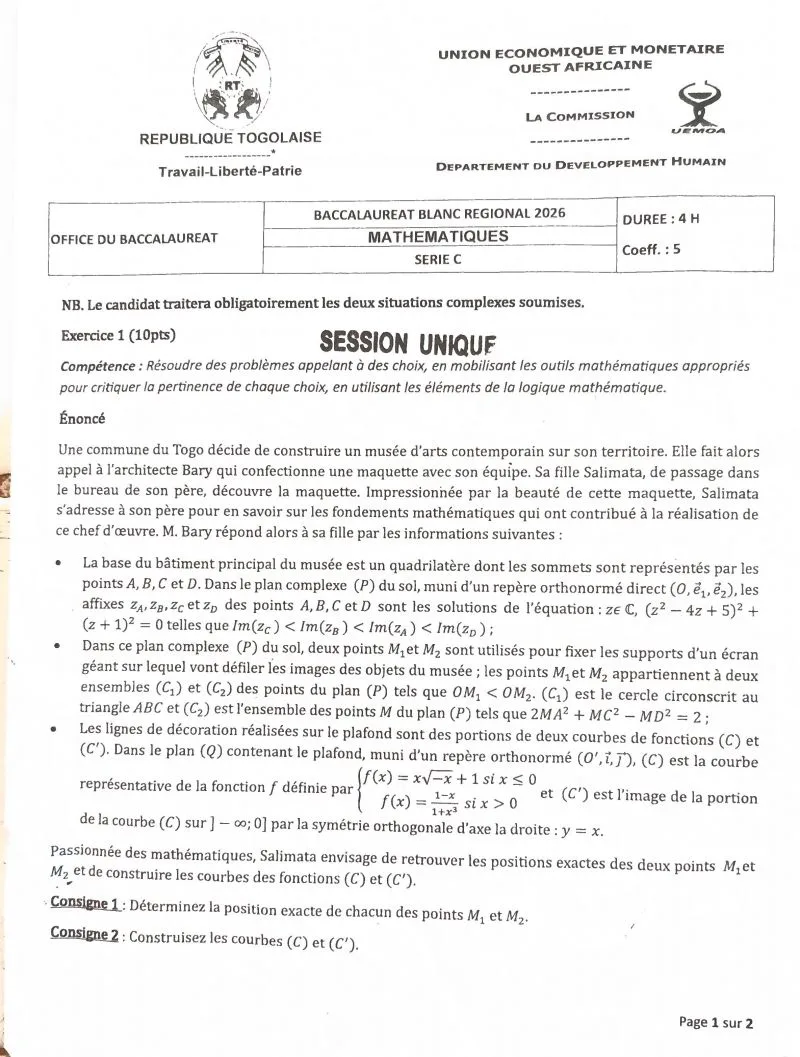 ÉPREUVES MATHS BAC BLANC UEMOA 2026 D , C