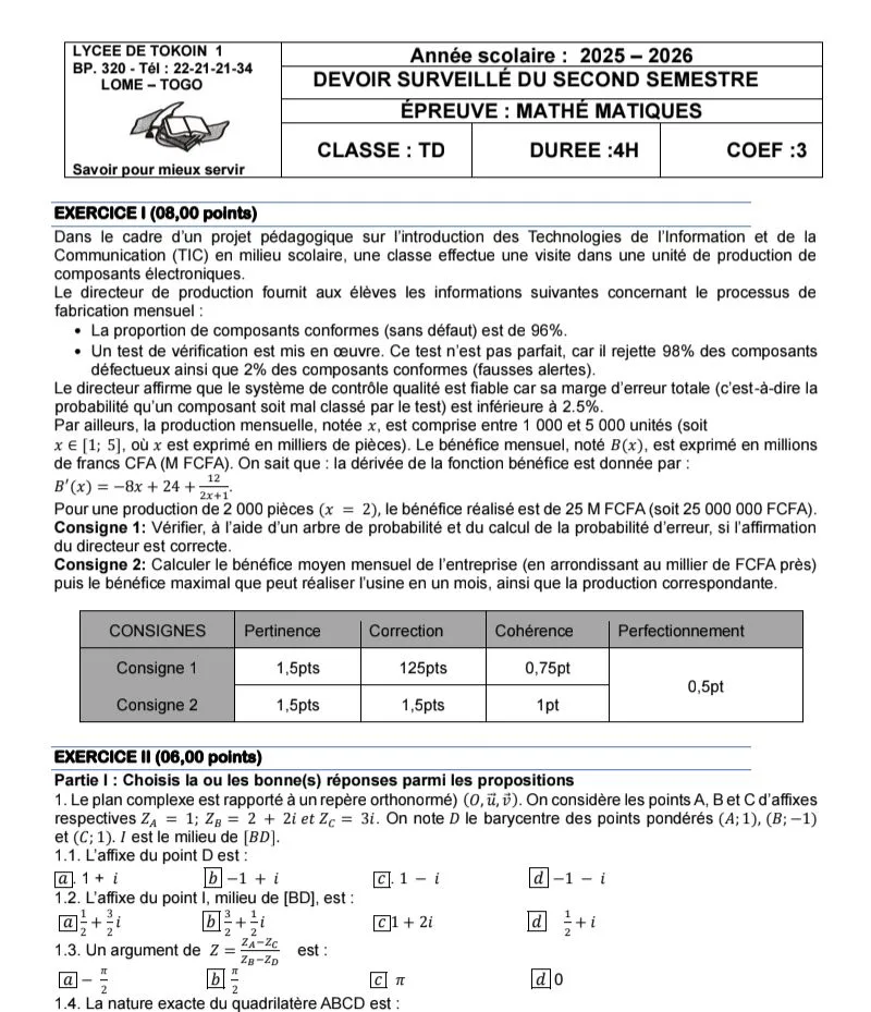 ÉPREUVES DE DEVOIR 2ND SEMESTRE LYCÉE TOKOIN 2026