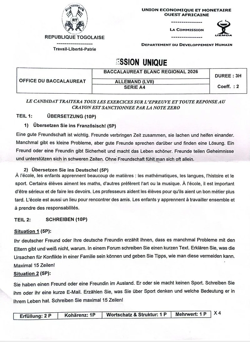 BAC BLANC UEMOA 2026 SÉRIE A4