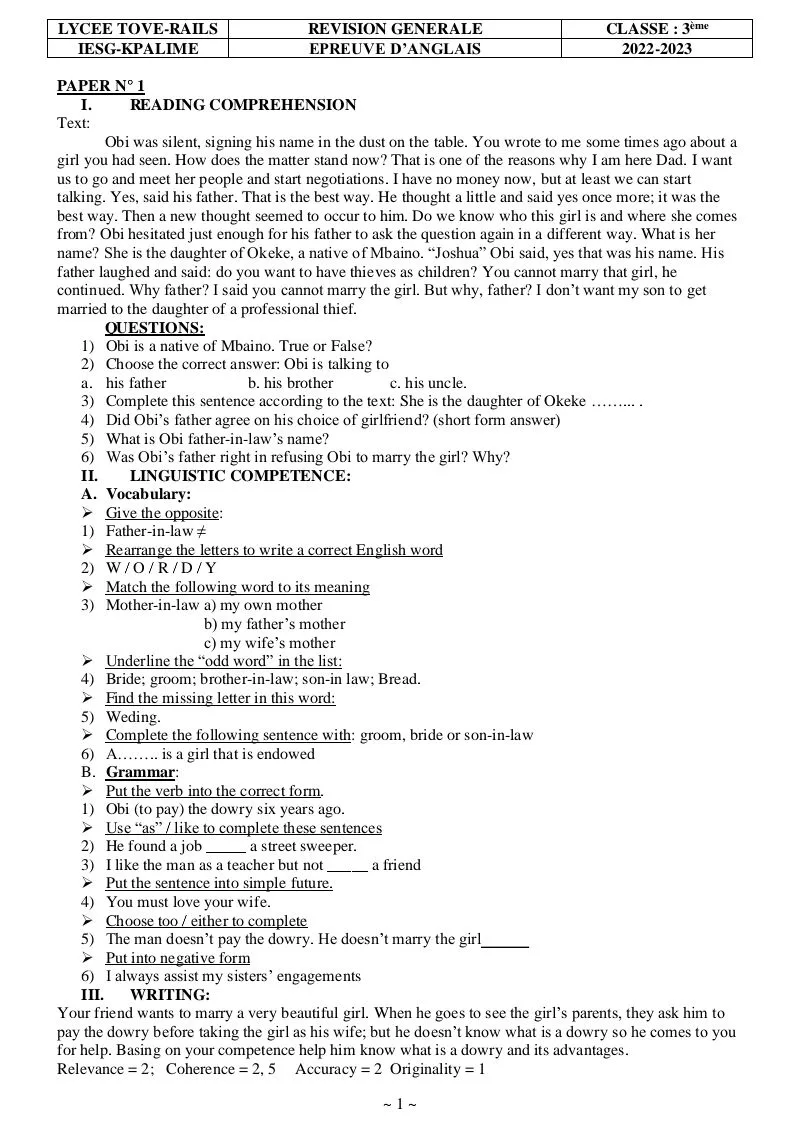 RÉVISION DE DIN D'ANNÉE ANGLAIS 3e