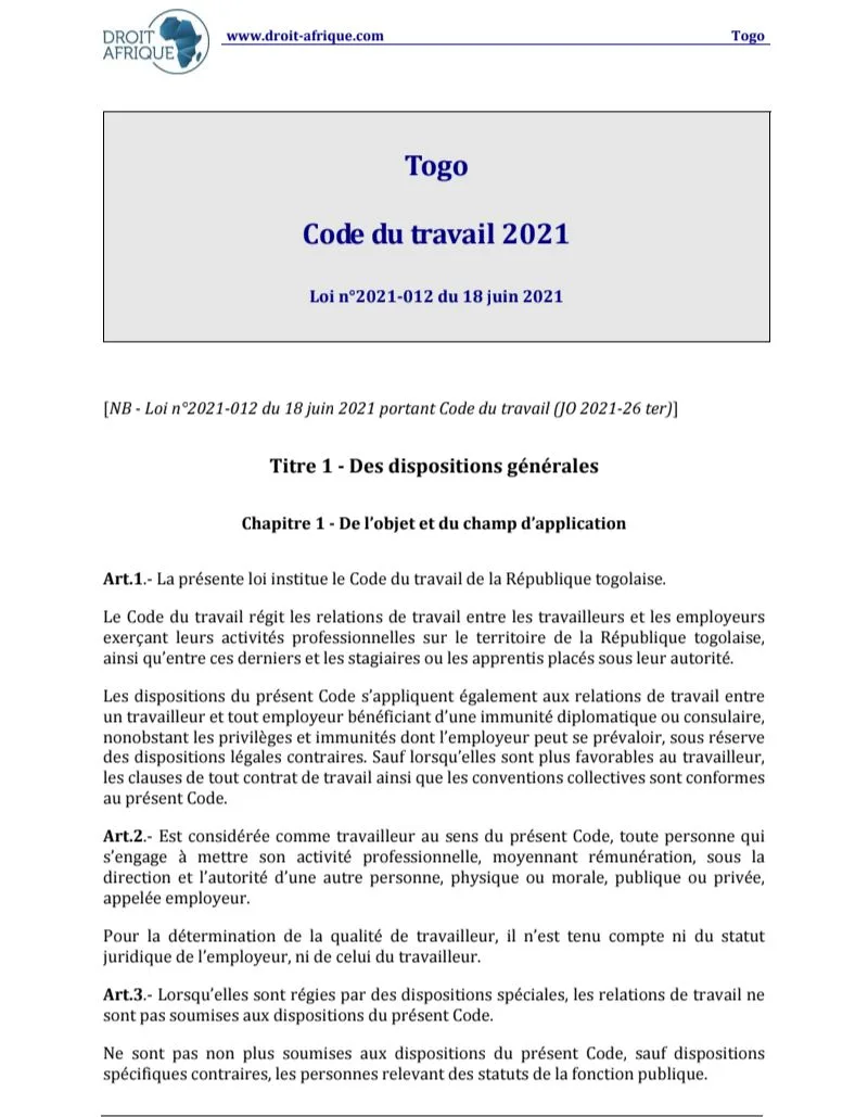 CODE DU TRAVAIL TOGO