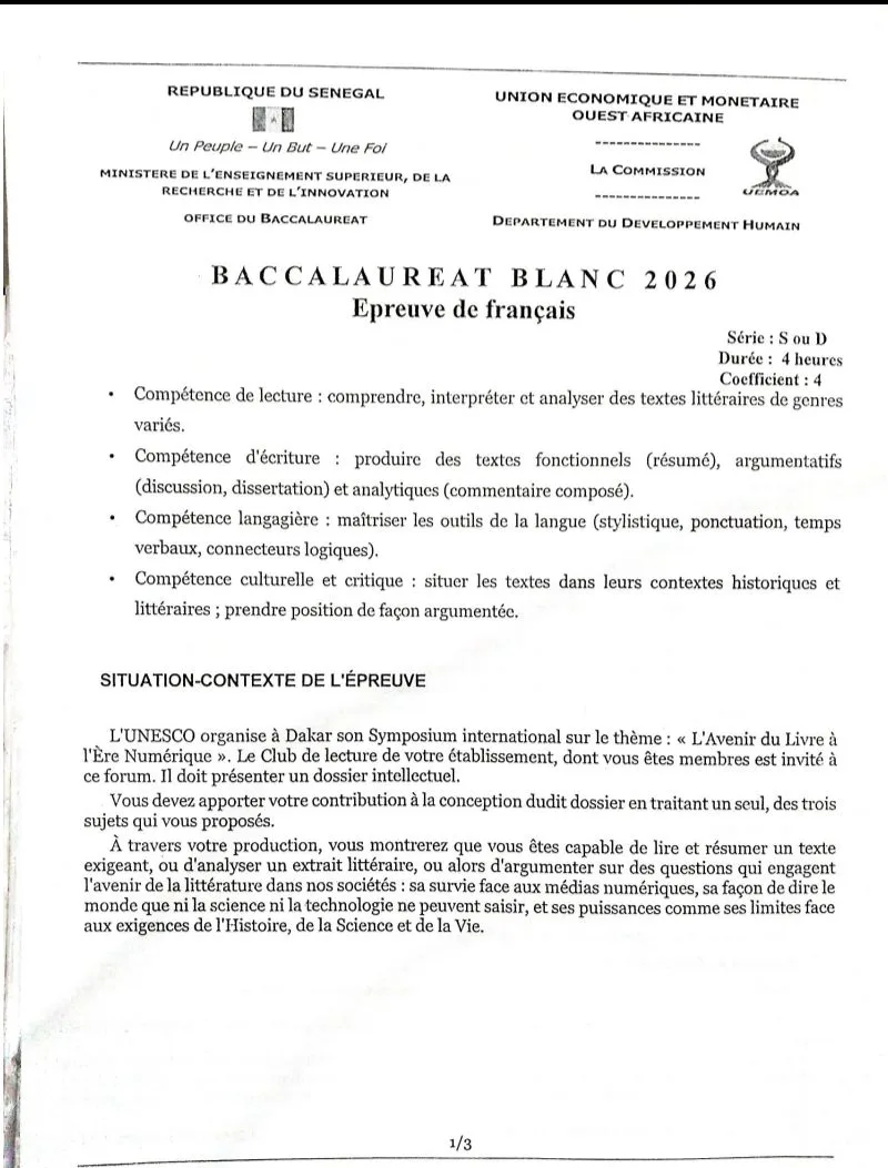 BAC BLANC UEMOA 2026 SÉRIE D SÉNÉGAL