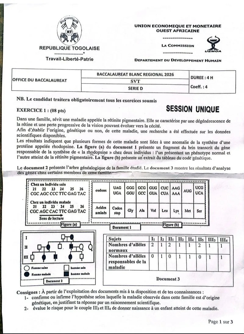 BAC BLANC UEMOA 2026 SÉRIE D TOGO
