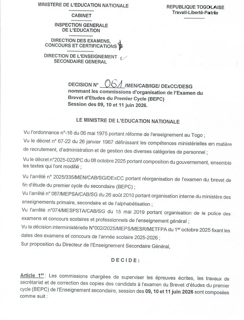 DÉCISION, ORGANISATION OFFICIELLE BEPC 2026