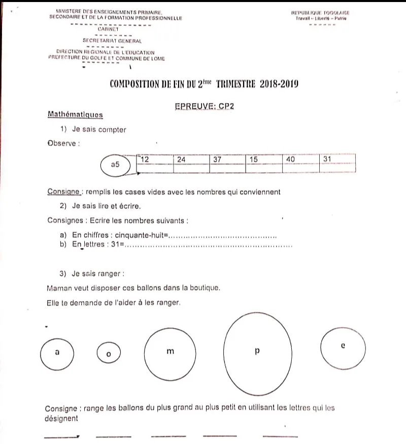 Épreuves de composition 2e trimestre Cp2