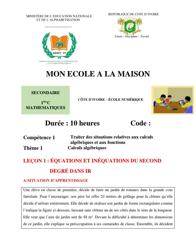 ÉCOLE NUMÉRIQUE MATHS 1ere