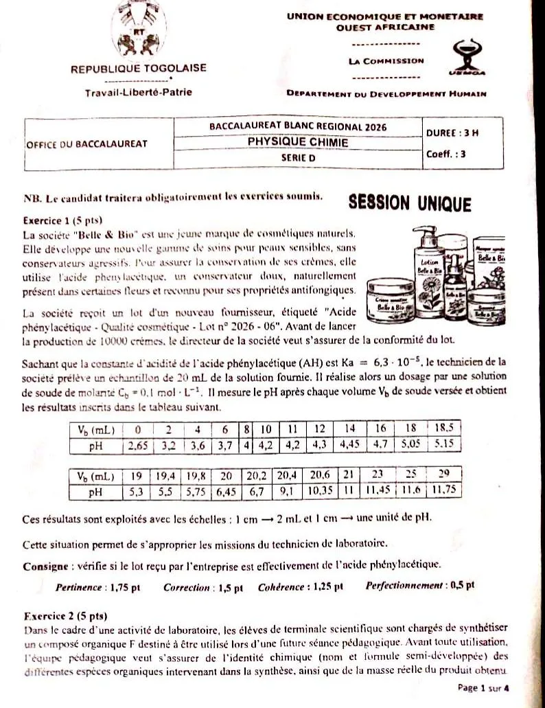 BAC BLANC UEMOA 2026 PCT SUJET-CORRIGÉ SÉRIE D TOGO