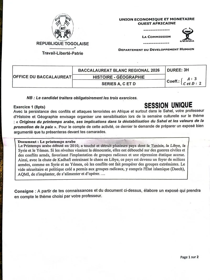 BAC BLANC UEMOA 2026 SUJET- CORRIGÉ H-G SÉRIE A, C, D