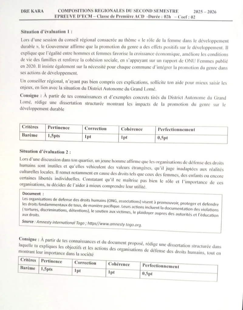 COMPOSITION DU 2ND SEMESTRE DRE KARA 1ereD