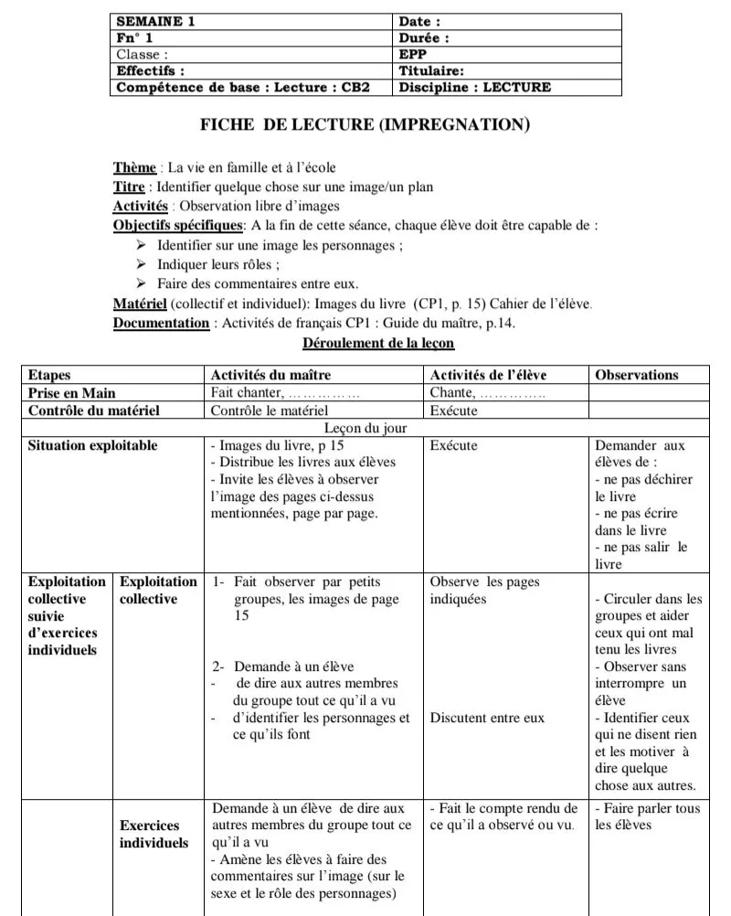 FICHES PÉDAGOGIQUES DE LECTURE  CP1