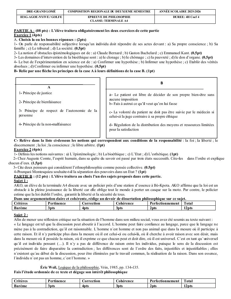 COMPOSITION DU 2e SEMESTRE 2026 PHILO SUJET CORRIGÉ  TLEA4