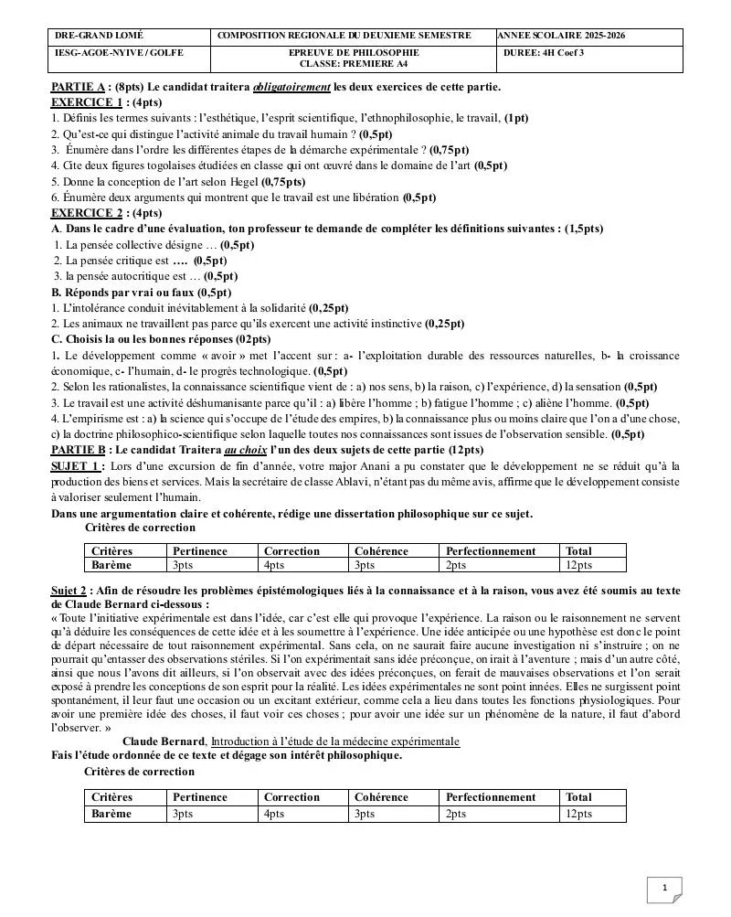 COMPO 2 e SEMESTRE PHILO G-L 2026 SUJET CORRIGÉ 1ere A4