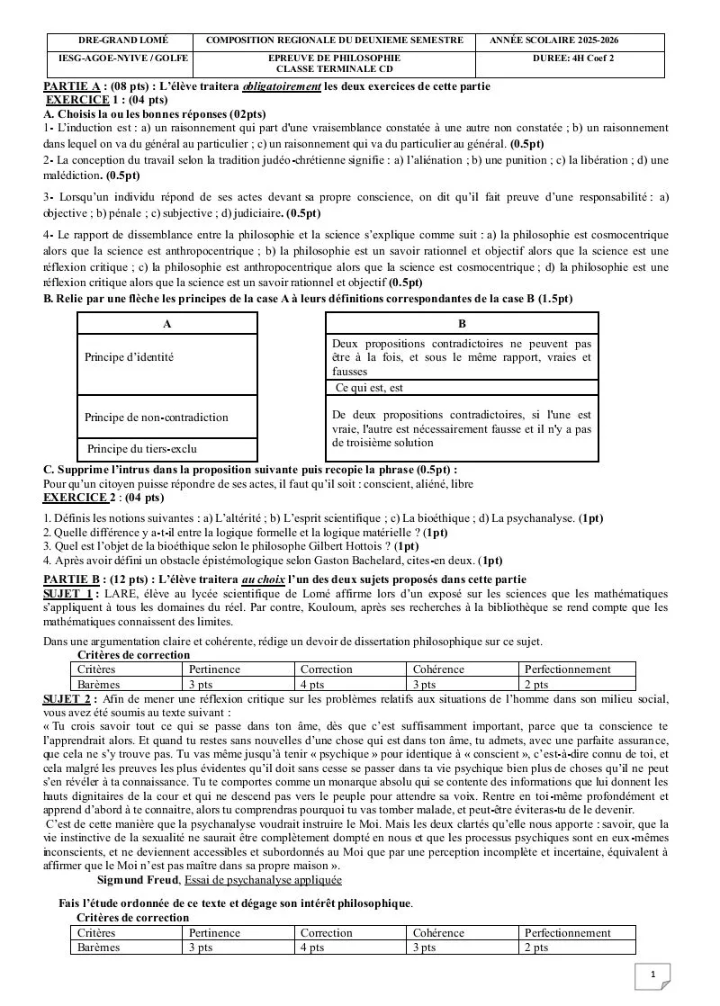 COMPO 2 e SEMESTRE PHILO G-L 2026 SUJET CORRIGÉ TLE CD