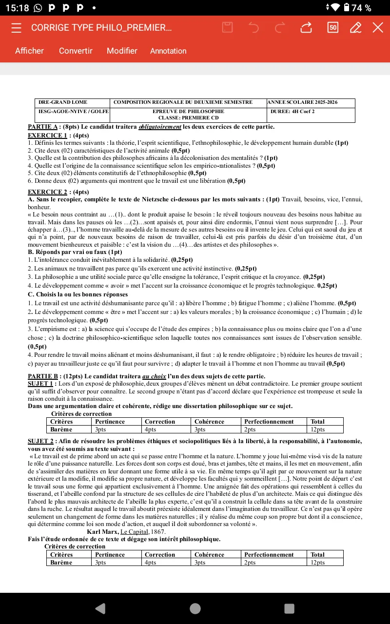 COMPO 2 e SEMESTRE PHILO G-L 2026 SUJET CORRIGÉ 1ere CD