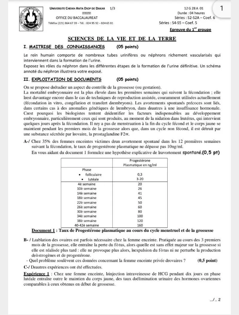 ÉPREUVES BAC S, SVT SUJETS CORRIGÉS SÉNÉGAL DES 10 DERNIÈRES ANNÉES