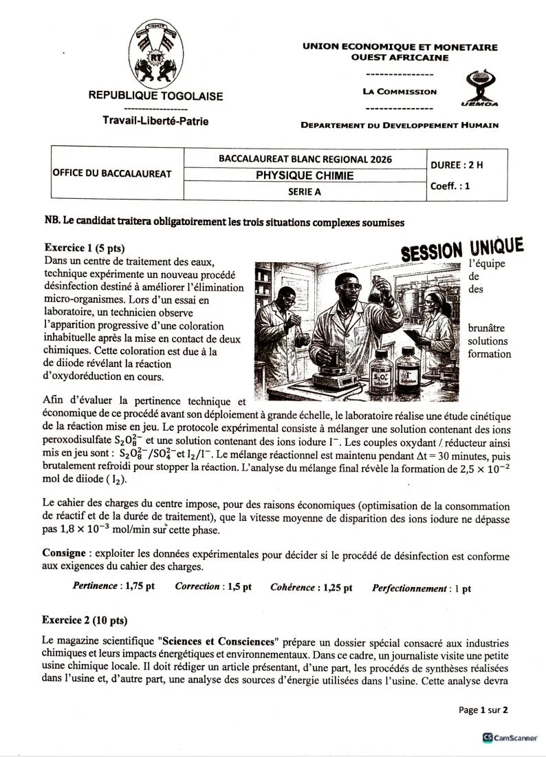 BAC BLANC UEMOA 2026 SUJET-CORRIGÉ PC A4