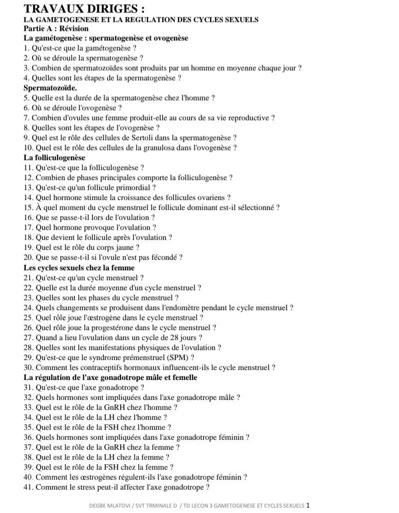 RÉVISION TD SVT TERMINALE : GAMETOGENESE ET CYCLE SEXUEL