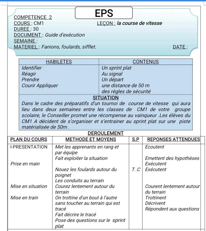 COURS D'EPS FICHES PÉDAGOGIQUES CM1
