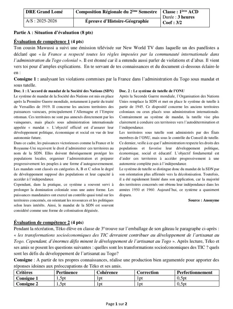 COMPOSITION 2 e SEMESTRE 1ere SUJET CORRIGÉ HG G-LOME :edusocialnews