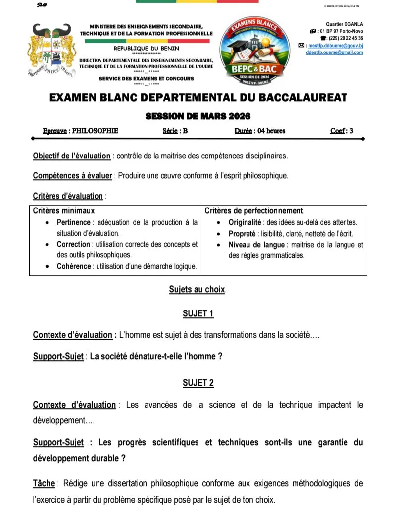 BAC BLANC 2026 BENIN SUJET CORRIGÉ ; ALL, HG, PHIL: edusocialnews