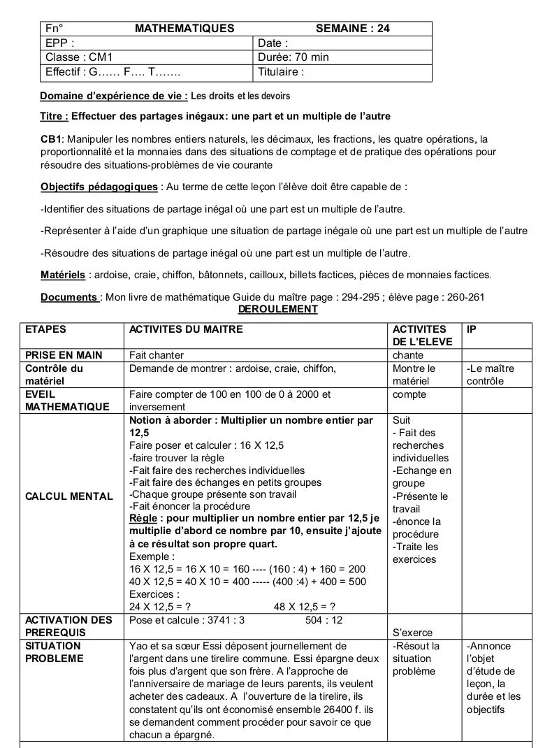 MATHÉMATIQUES CM1 SEMAINE 24