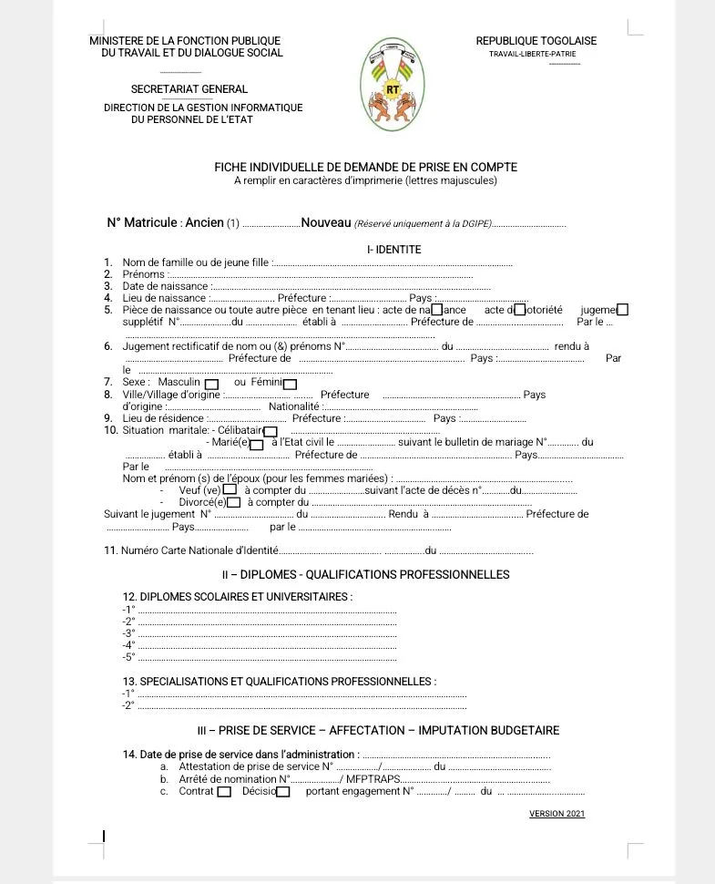NOUVELLE FICHE INDIVIDUELLE DE DEMANDE DE PRISE EN COMPTE