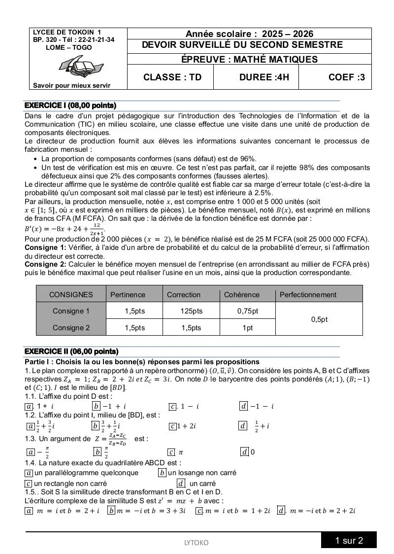ÉPREUVES DE DEVOIR LYTOKO MATHS TLED SCIENTIFIQUE