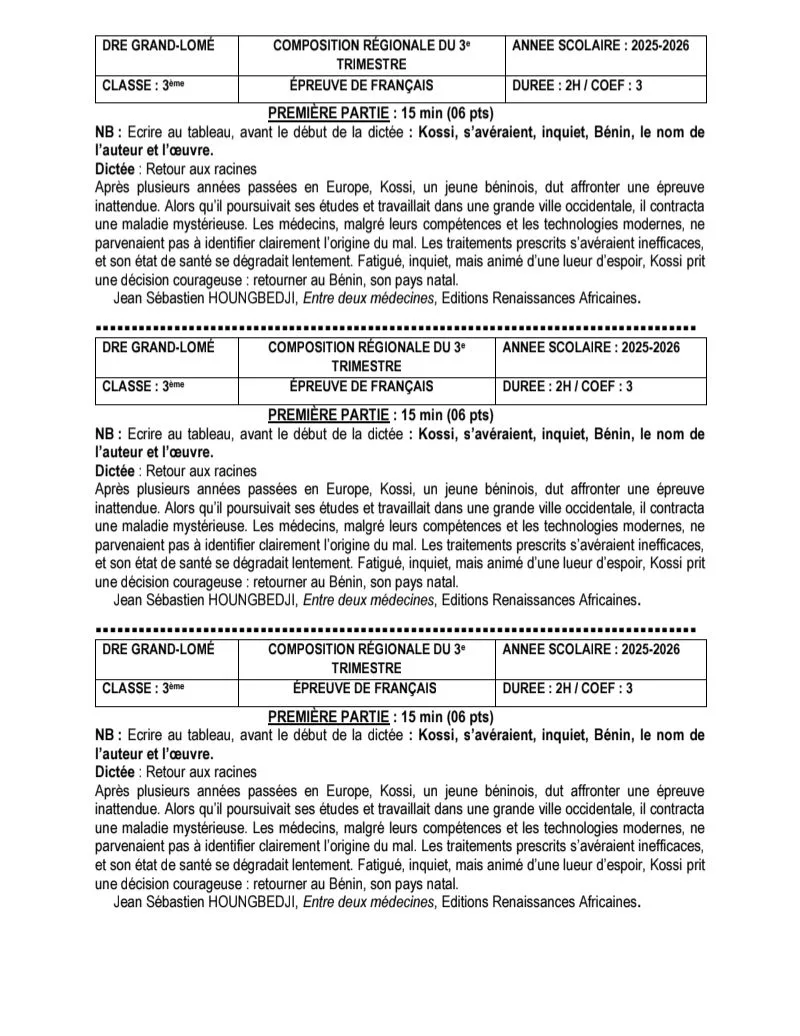 ÉPREUVES DE FRANÇAIS 3T G-LOME 6E EN 3E
