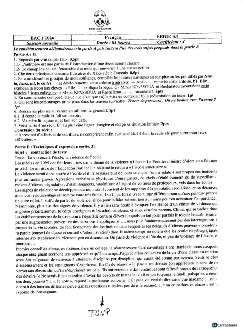 BAC1 2026 FRANCAIS SÉRIES GÉNÉRALES ET TECHNIQUES