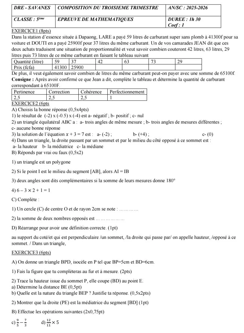 ÉPREUVES 3E TRIMESTRE MATHS 2026 DRE SAVANES 6E EN 3E