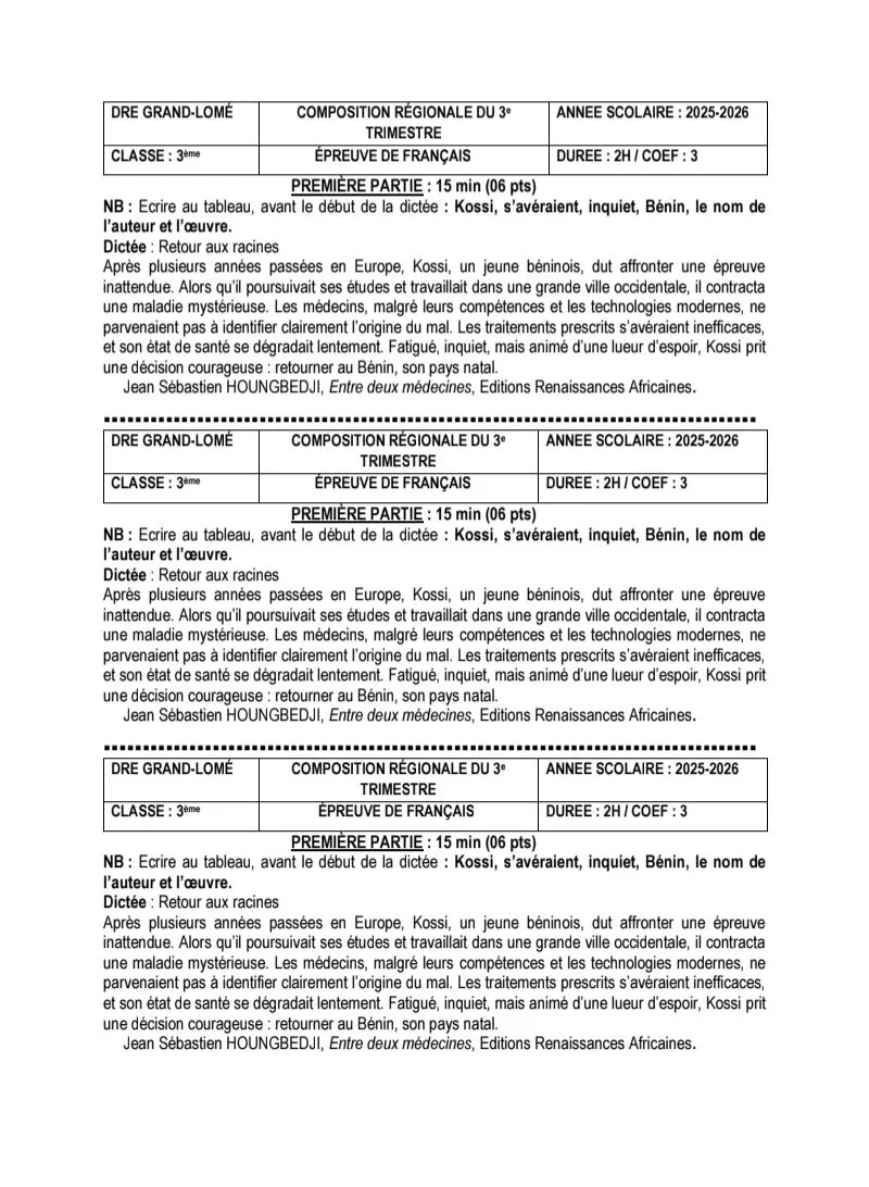 ÉPREUVES COMPO 3E TRIMESTRE FRANÇAIS 2026 6E EN 3E G-LOME