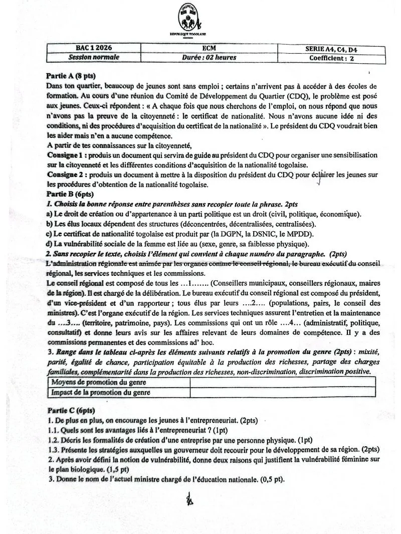 ÉPREUVES BAC1 2026 SÉRIES GÉNÉRALES
