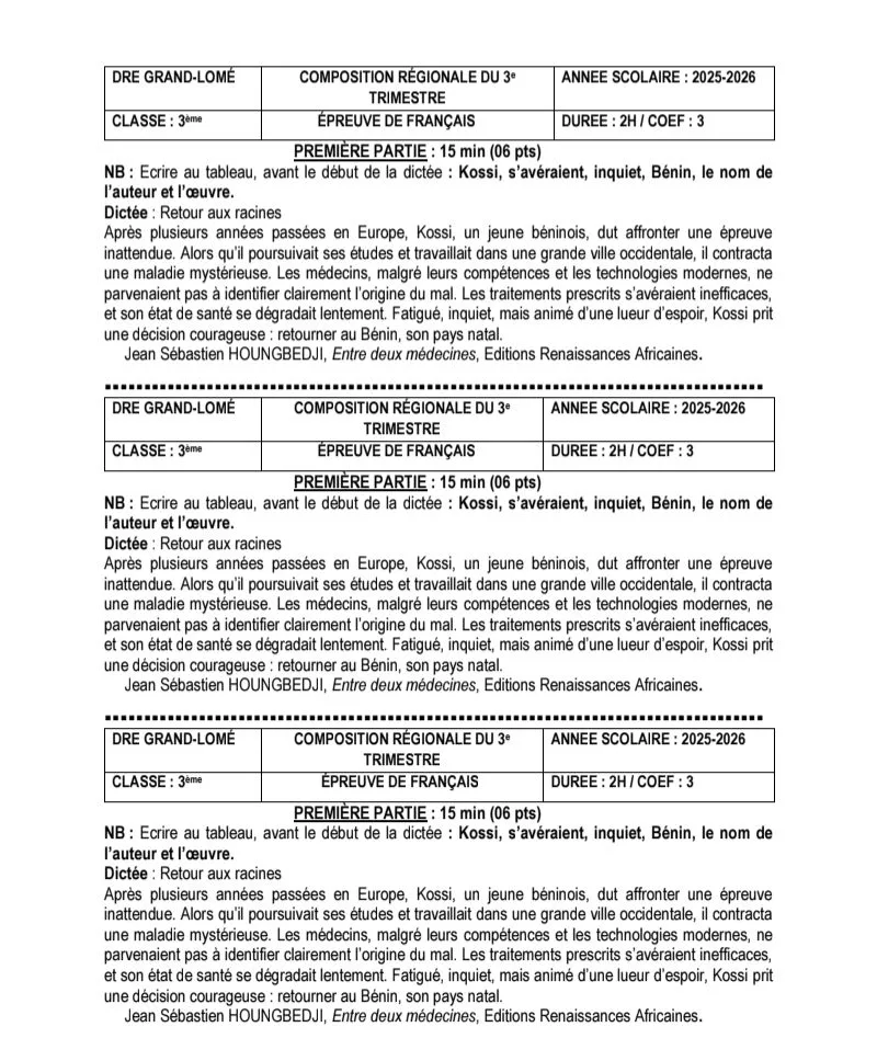 FRANÇAIS SUJETS CORRIGÉS COMPO 3E TRIMESTRE G-LOME 6E EN 3E