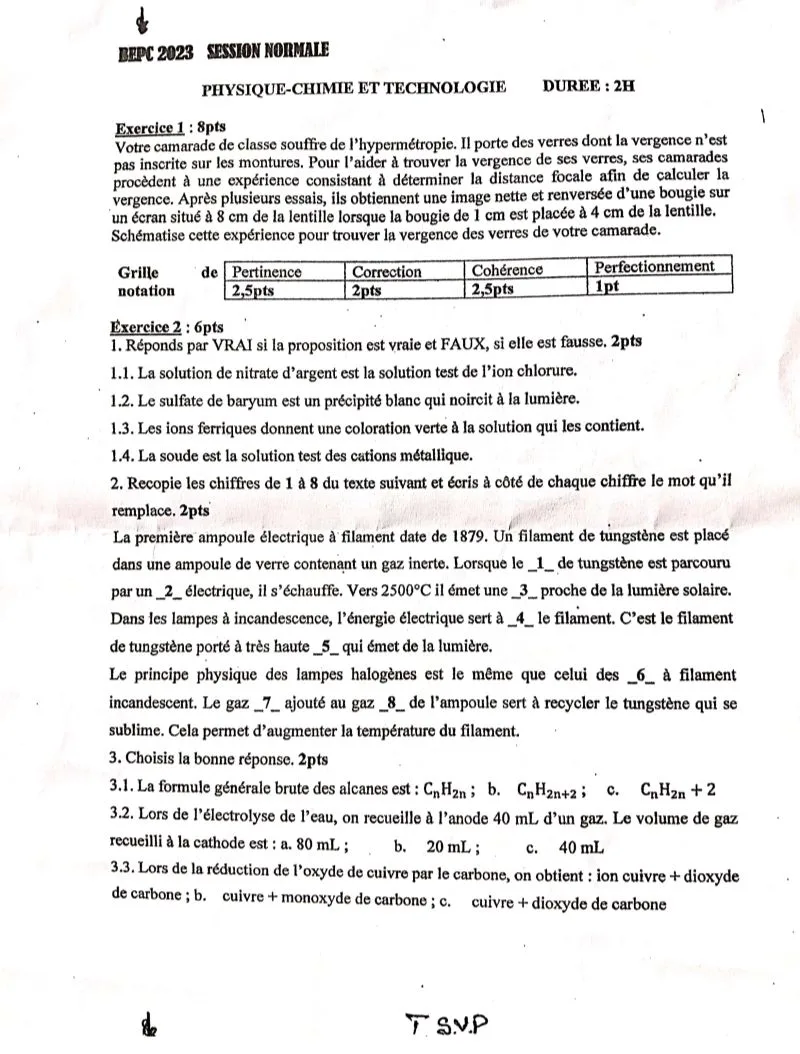 BEPC 2023 SUJETS CORRIGÉS PCT