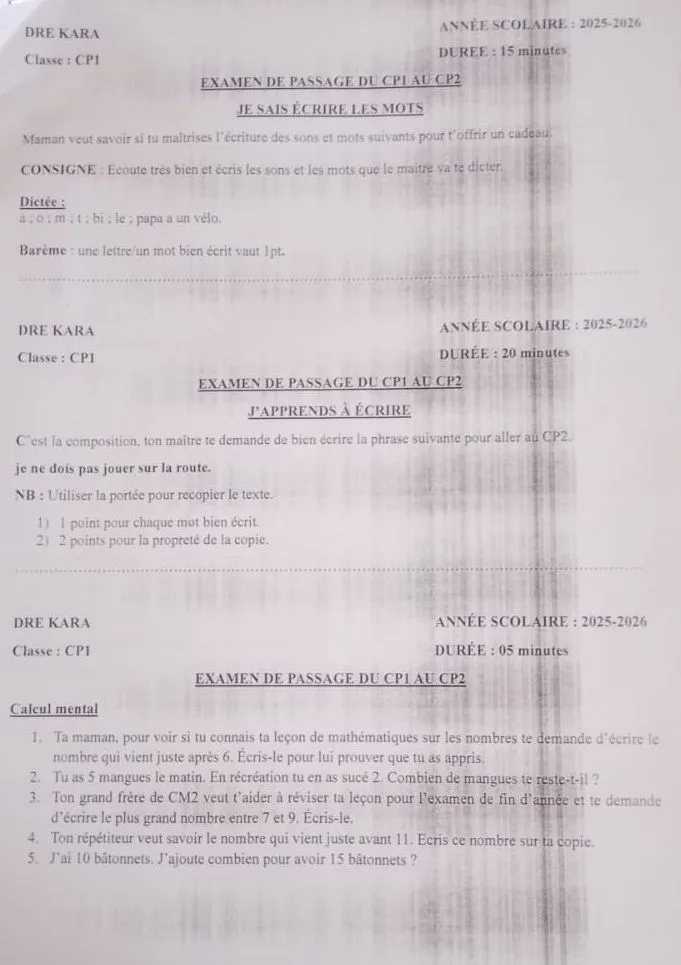EXAMEN DE PASSAGE CP1 AU CP2 2026 KARA