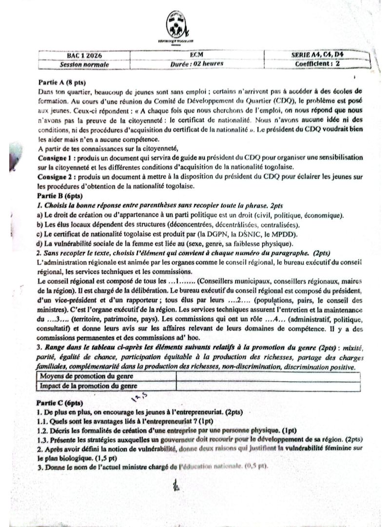 SUJET CORRIGÉ BAC1 2026 ECM