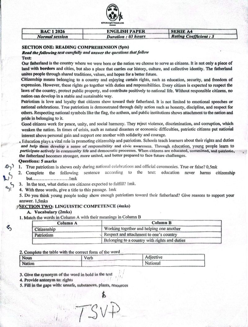 SUJET CORRIGÉ BAC1 2026 ANGLAIS