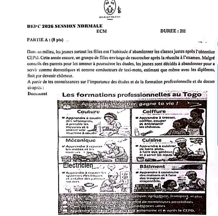 ÉPREUVE ECM BEPC TOGO 2026