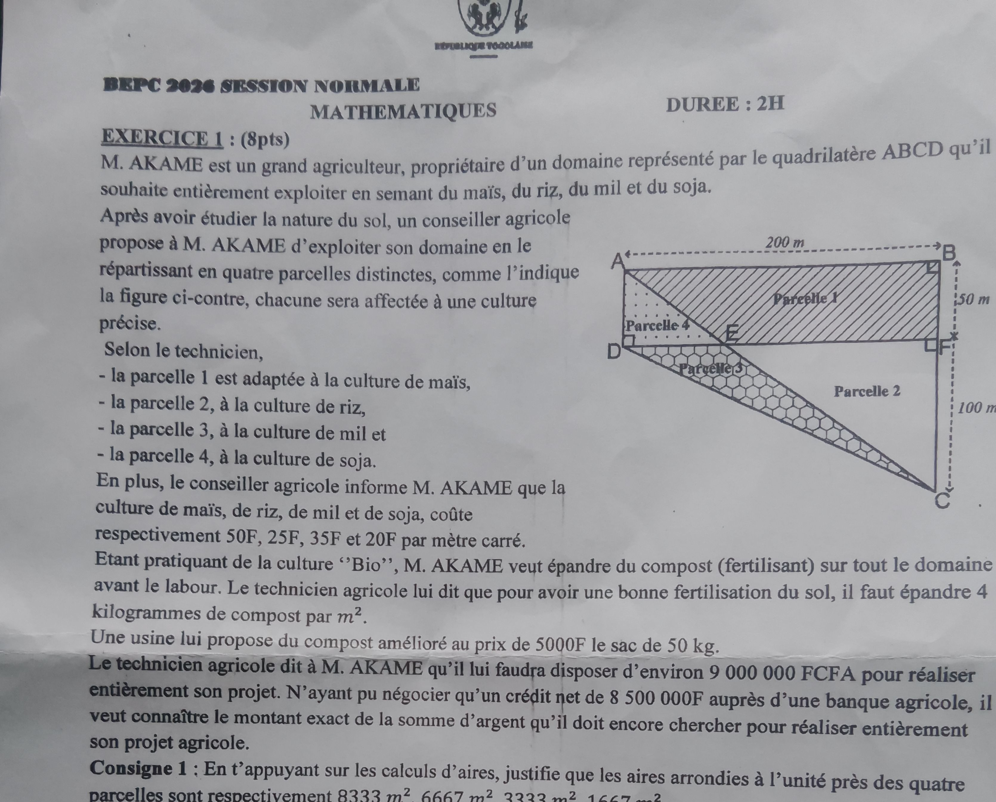 BEPC 2026 ÉPREUVES DE MATHÉMATIQUES