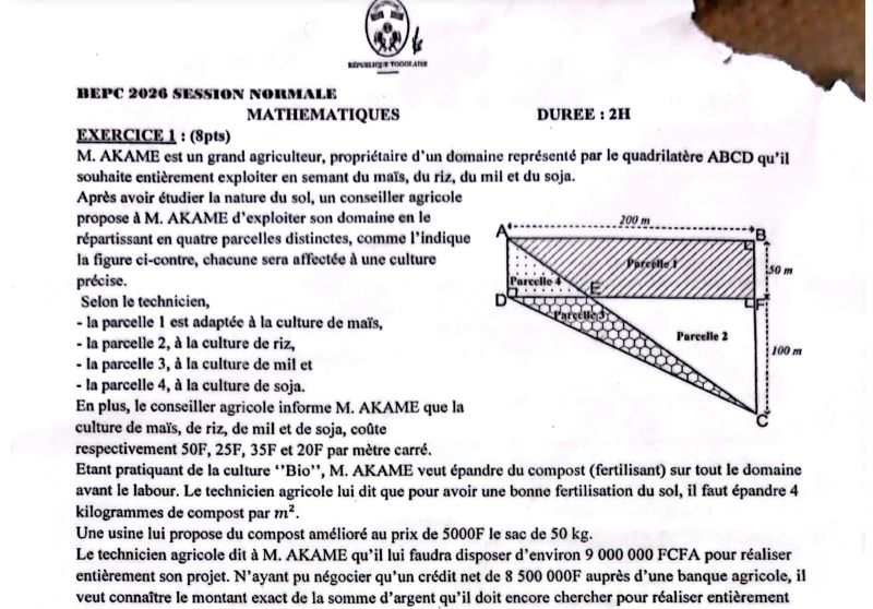 BEPC 2026 ÉPREUVE DE MATHÉMATIQUES