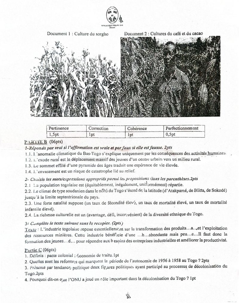BEPC 2026 ÉPREUVE HISTO-GEO