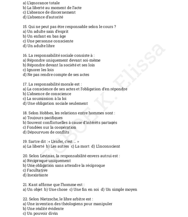 RÉVISION GÉNÉRALE PHILO QUESTION-RÉPONSE LIBERTÉ ALTÉRITÉ ET RESPONSABILITÉ