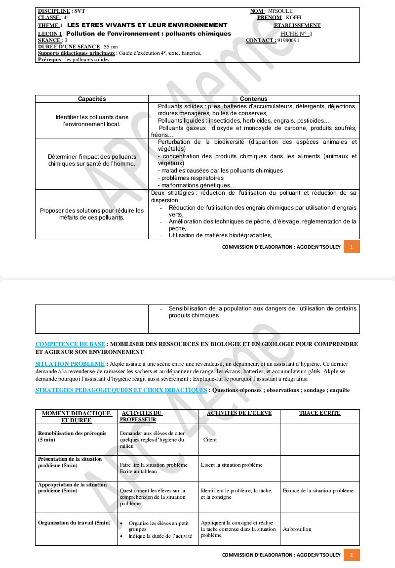 FICHE PÉDAGOGIQUE SVT 4E