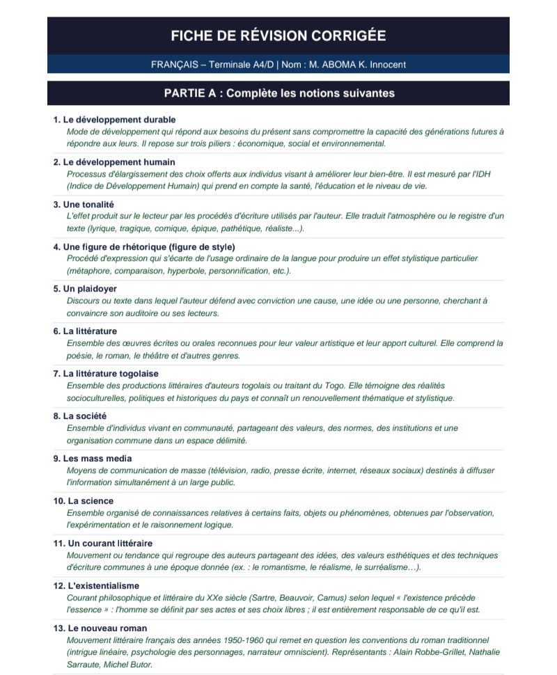 FICHE DE RÉVISION SUJET CORRIGÉ FRANÇAIS TLE A4