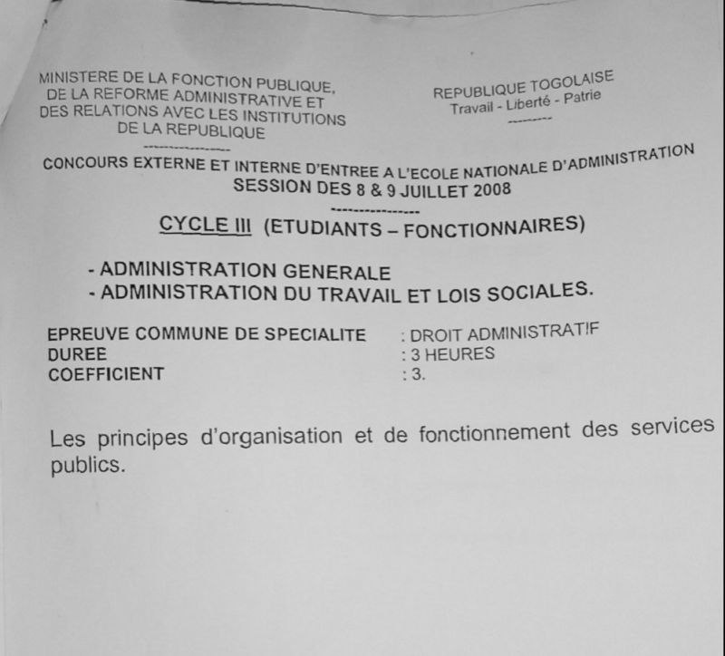 ÉPREUVES ENA TOGO CYCLE III 2021