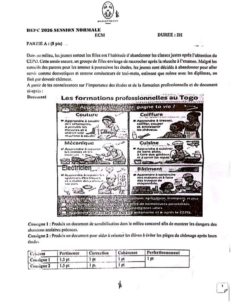 SUJET CORRIGÉ ECM BEPC 2026